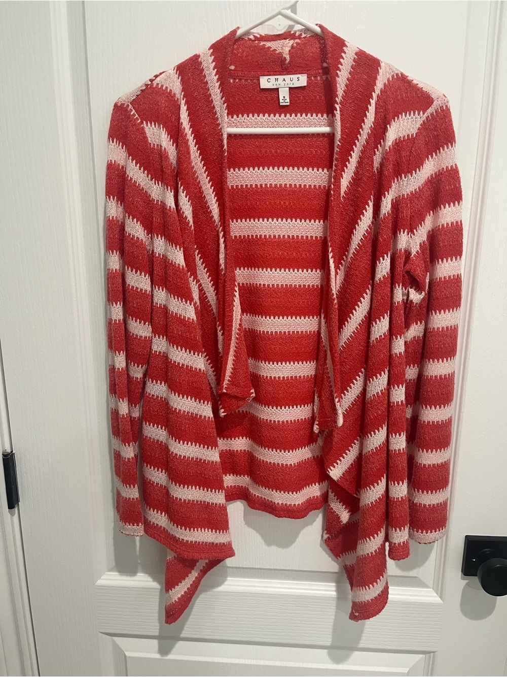 Chaus Coral no and White Striped Open-Front Cardigan